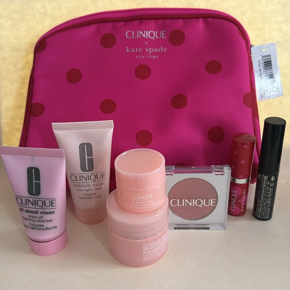 CLINIQUE X KATE SPADE 7p Cleanser Moisture Surge Cream Pop Lipstick Mascara Bag
